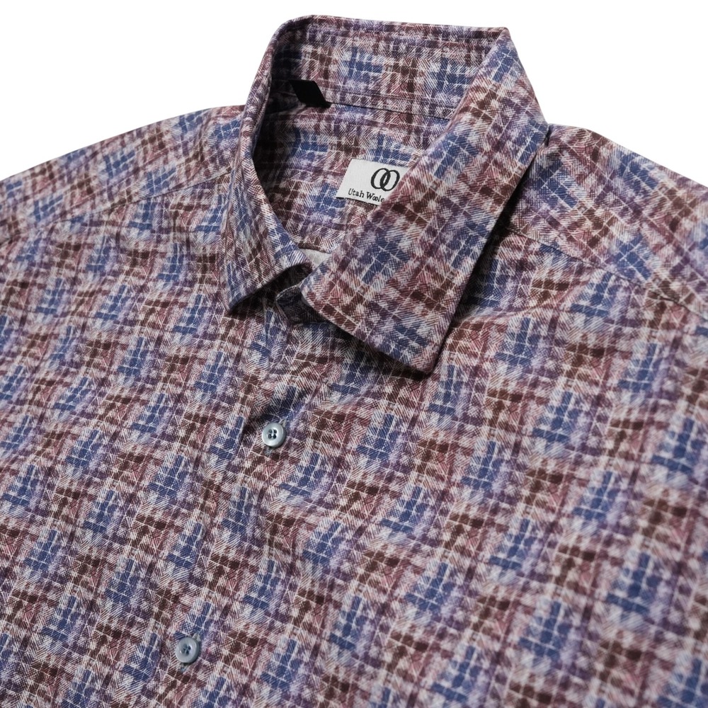 Utah Woolen Mills‎ Mens Large Purple Plaid Button Up Shirt Cotton Short Sleeve